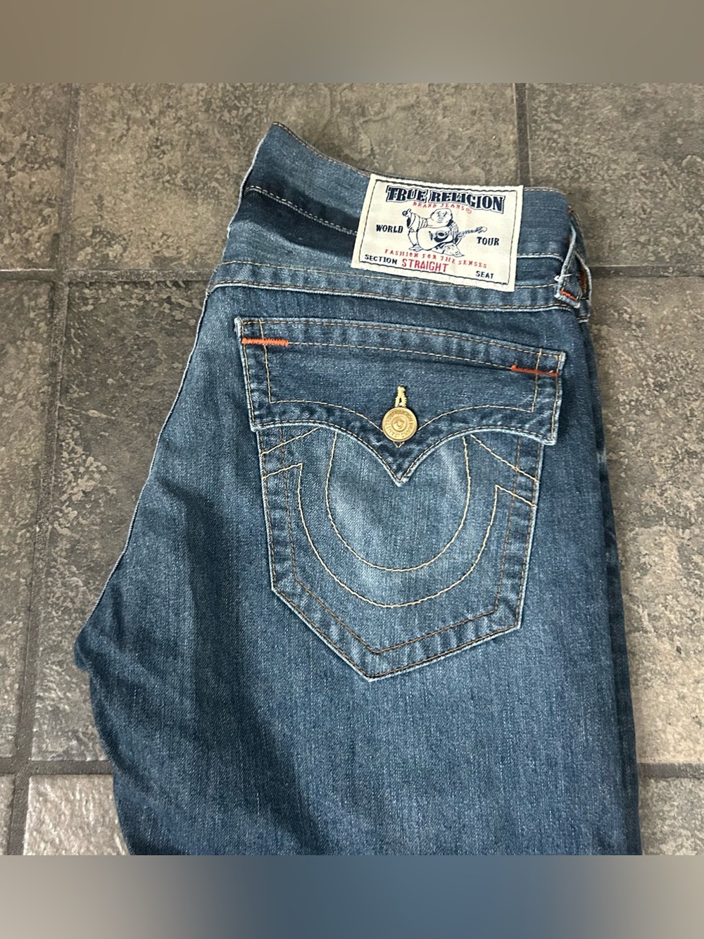 True Religion Jeans Adult Size 32 Blue Section Straight World Tour 5 Pocket Mens